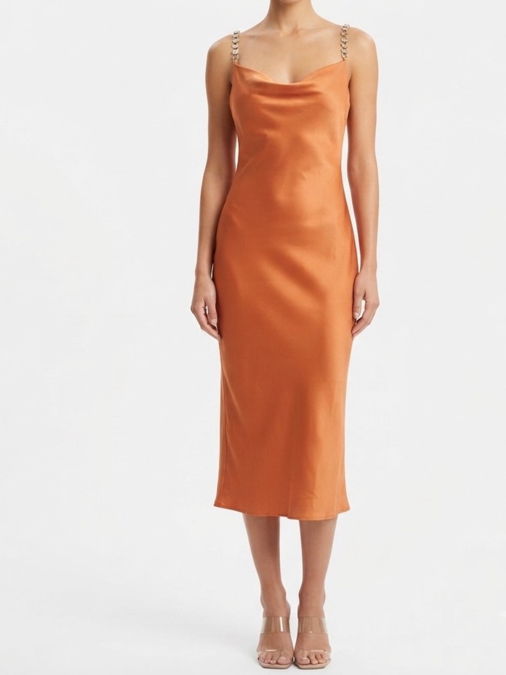 House of Harlow 1960 Satin Cowl Midi Dress in Copper Orange